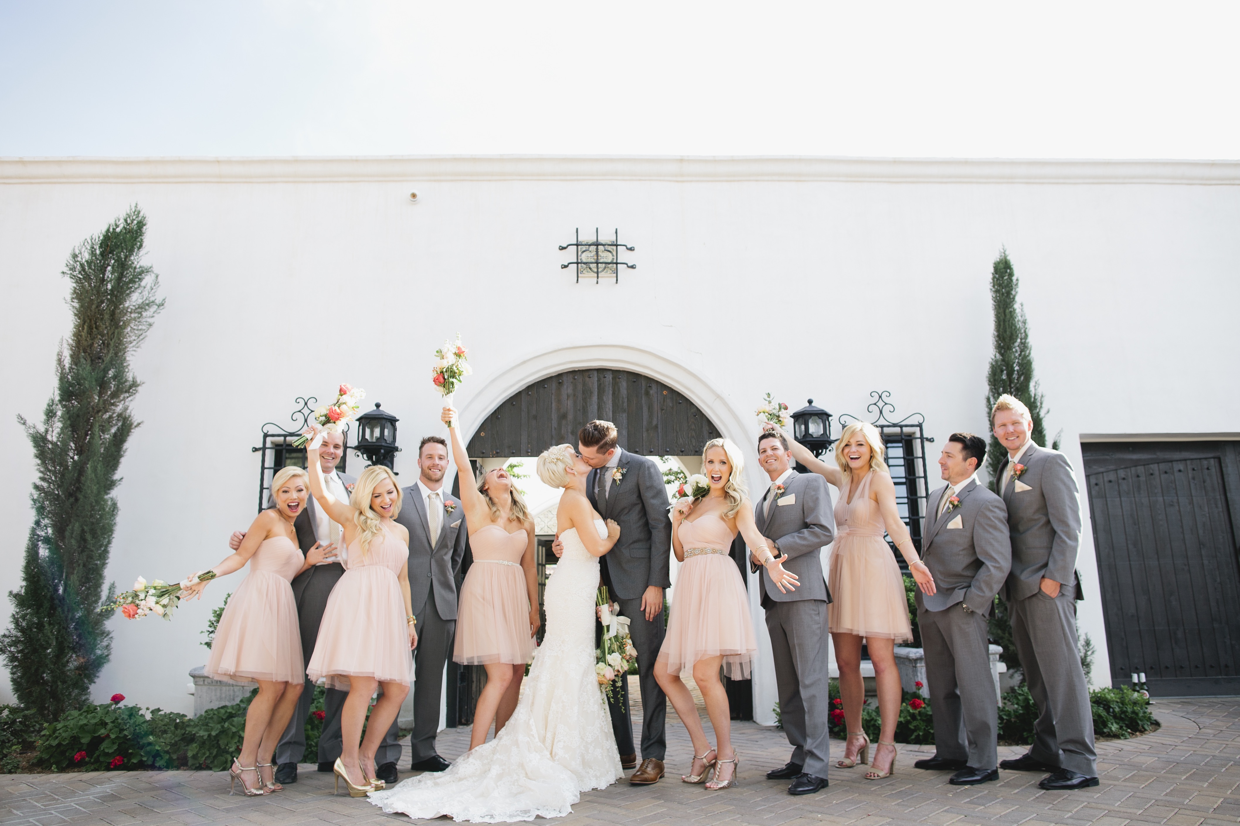 peach and grey wedding party