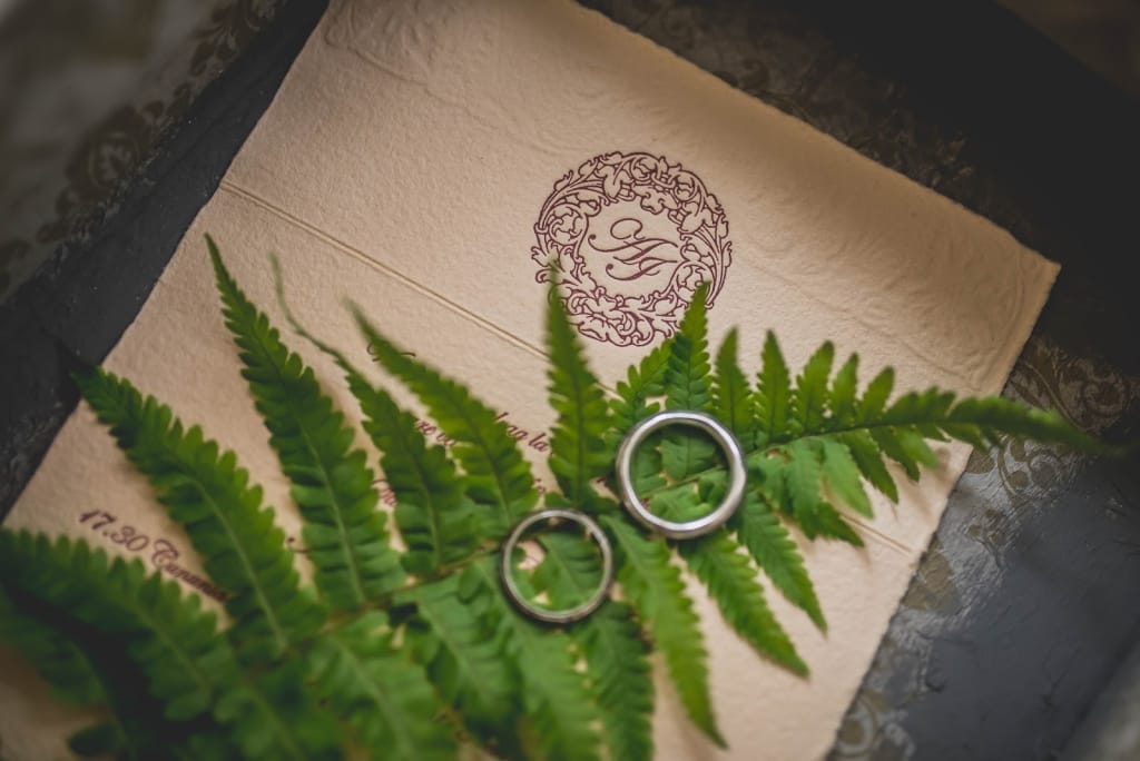 Wedding rings on wedding invitation