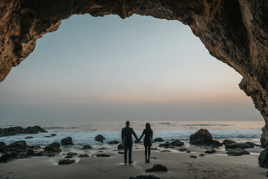 Silhouette of a happy couple standing on the sand next to the water